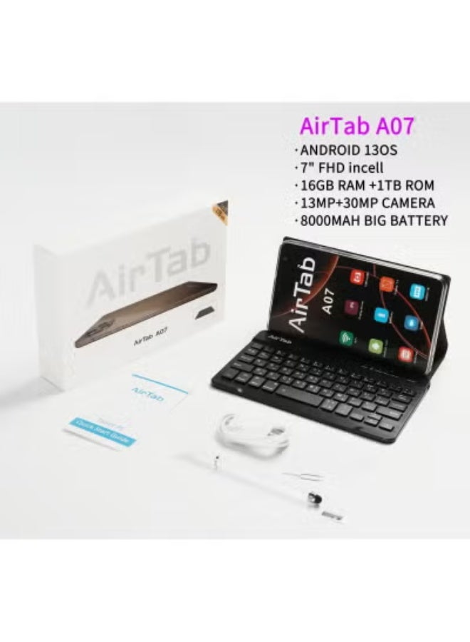 AIR TAB تابلت أ07 7 إنش أندرويد 13، 16 جيجابايت رام، 1 تيرابايت تخزين، معالج ثماني النواة، بطارية 8000 مللي أمبير، كاميرا 30 ميجابكسل، لوحة مفاتيح وقلم مرفق، تابلت واي فاي للألعاب والدراسة والعمل والترفيه، تصميم خفيف الوزن - Image 5